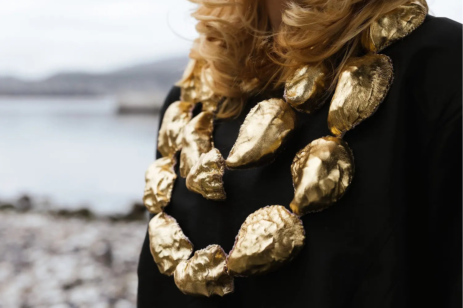 G_Stolp_2023_Soft_Shelled_Collar_-_Golden_Oyster_Pacific_oyster_shells_leather_velvet_vintage_cotton_thread_photographer_N_Hamilton